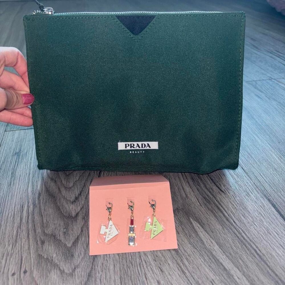 Prada Lipstick Charm Set with NWT Green Prada Cosmetic Case